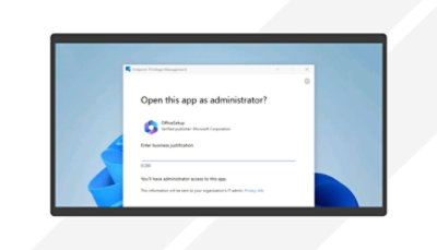 Un elemento emergente insta al usuario a abrir una aplicación como administrador y a facilitar una justificación comercial como razón