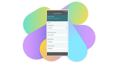Mobile display of a patient intake form being filled out.
