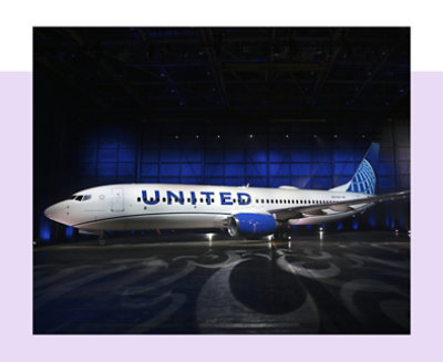 A United Airlines airplane in a hangar.