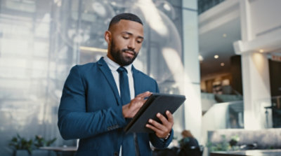 A person standing in an office atrium using a tablet