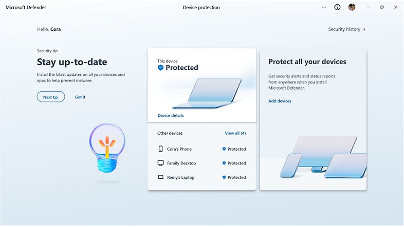The homescreen in Microsoft Defender showing protected devices - Microsoft 365