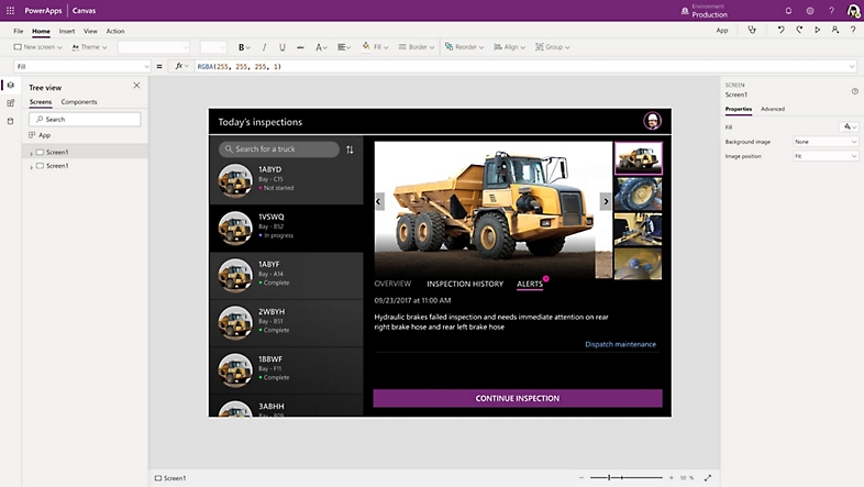 A list of inspections for construction vehicles in PowerApps