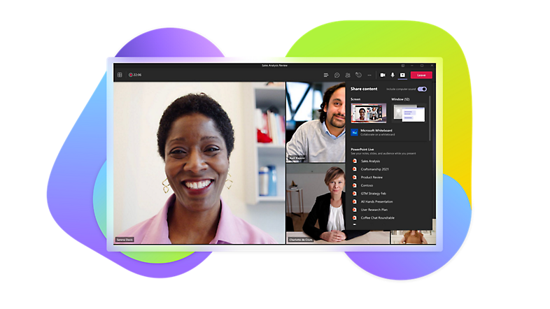La pantalla Compartir contenido en una videollamada de Teams muestra las opciones que tienes para cambiar la experiencia