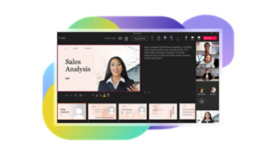 Eine Vertriebsanalyse-Präsentation, die während einer Teams-Videounterhaltung gehalten wird, bei der das Referentenvideo in die Präsentation integriert ist