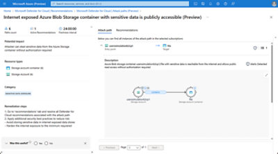 A cyberattack path breakdown with recommendations and remediation steps in Azure