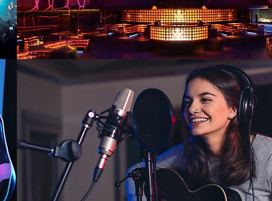 A collage of images of people recording music at home and live music performances in venues.