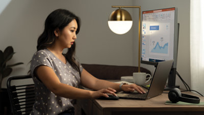 A person sitting at a desk using a laptop connected to a desktop monitor.