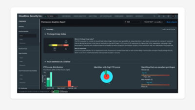 A Permissions Analytics report with a privilege creep index and identities at a glance.