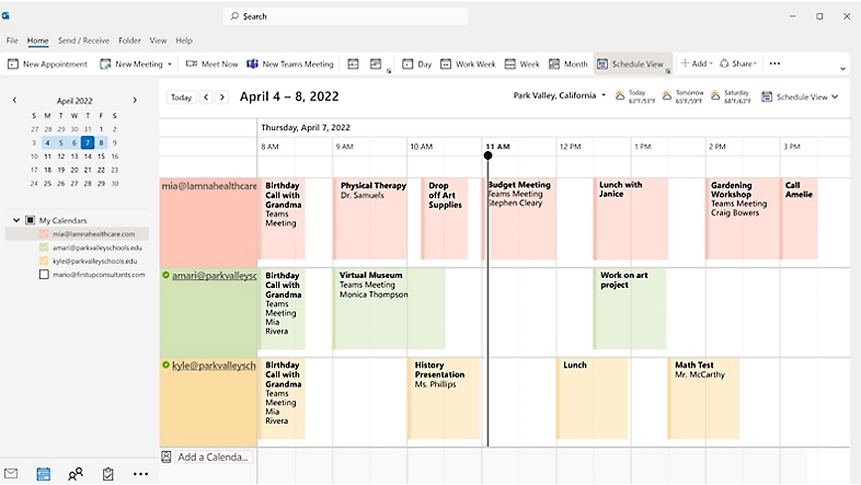 A color-coded calendar in Outlook showing three people’s schedules for the day. - Microsoft 365