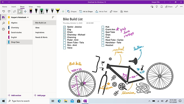 A bike build list with drawings and dimensions in OneNote