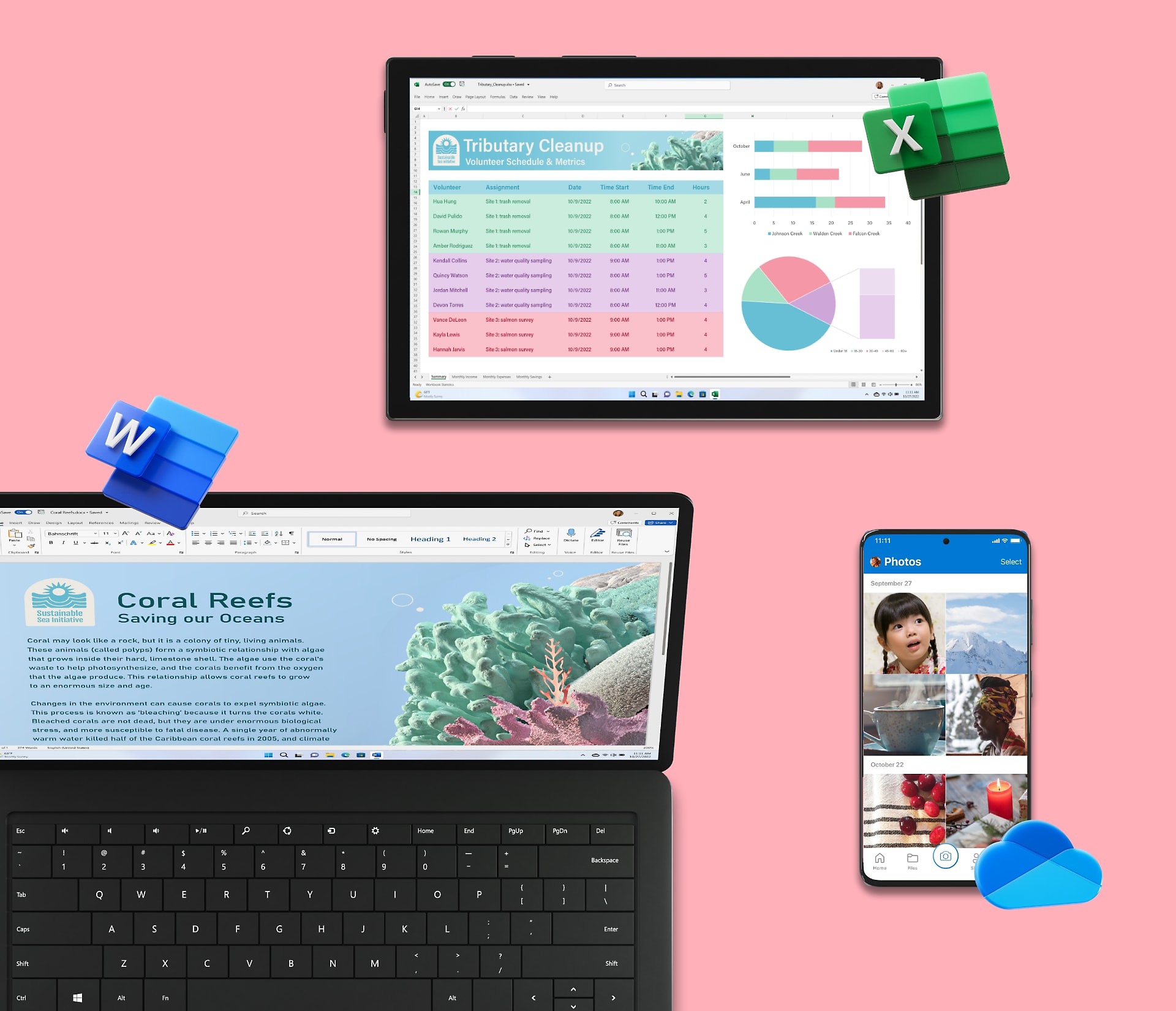 A laptop displaying a Word document, a tablet displaying an Excel sheet and a mobile phone displaying photos in OneDrive- Microsoft 365