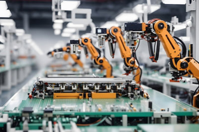 Roboterarme an einem Montageband, die technische Komponenten zusammenbauen.