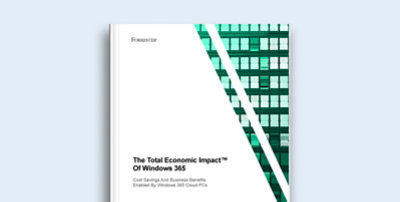 Cover of 'The Total Economic Impact of Windows 365' report by Forrester, with summary text and links to results and reports