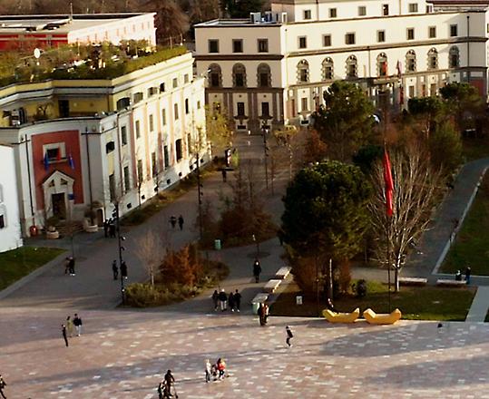 A bird's eye view of a city park in Albania