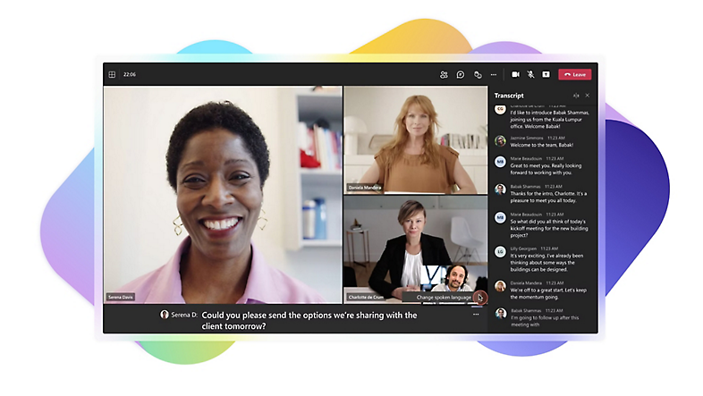 A Teams video call where closed captions and live transcript are in use.