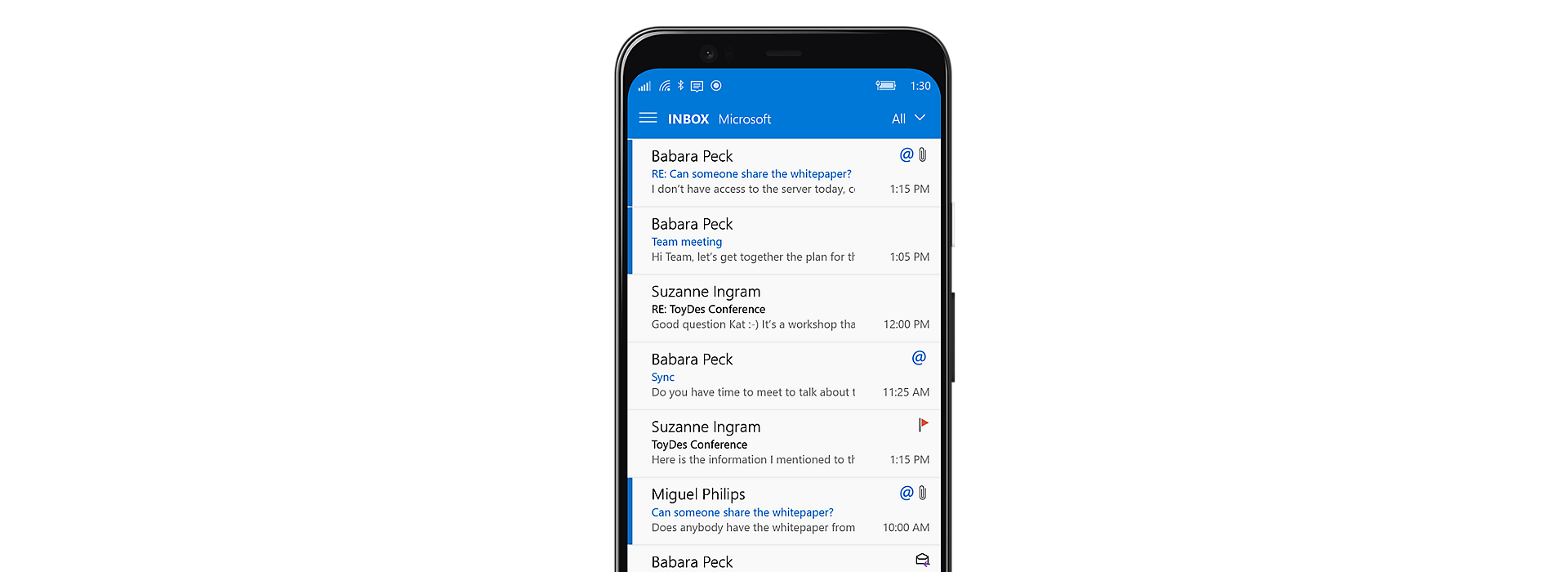 Phone screen showing Microsoft Outlook inbox