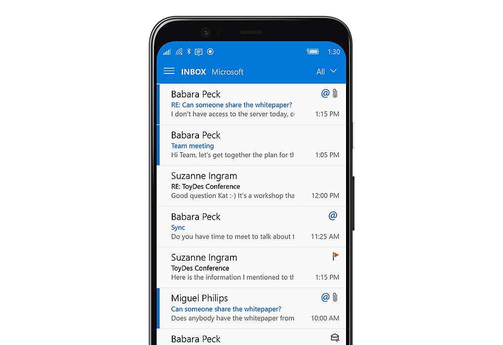 Obrazovka telefonu s poštovní schránkou Microsoft Outlook