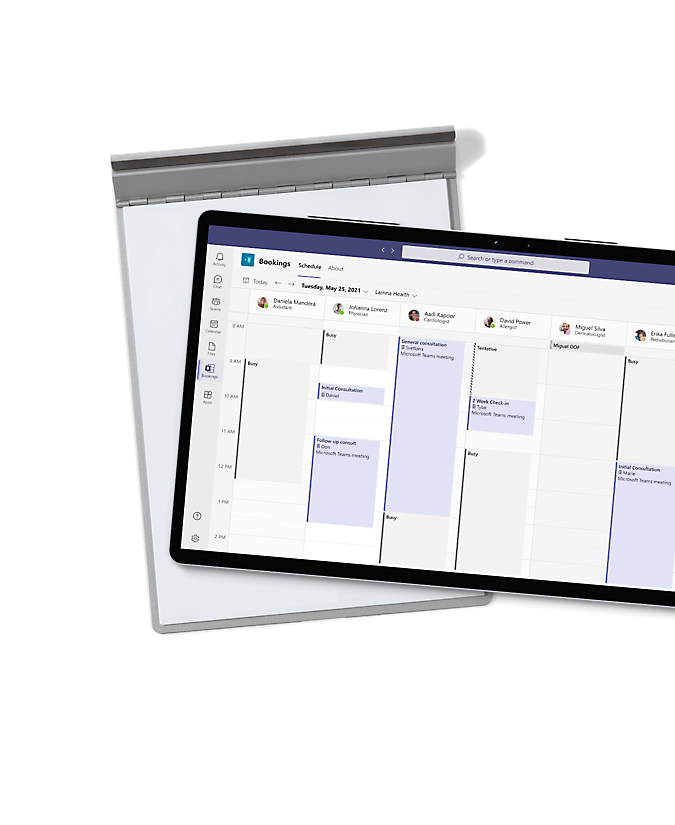 A laptop screen showing several medical professionals’ schedules in the Bookings calendar within Microsoft Teams.