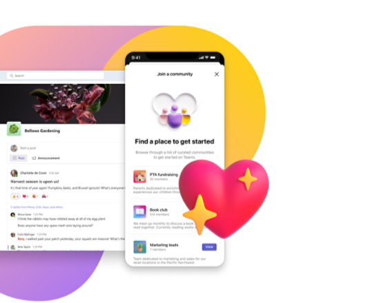 Schermate di desktop e dispositivo mobile che mostrano la chat di una community e un elenco di community in Teams.