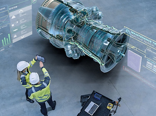 A maintenance training being viewed in augmented reality using a tablet.