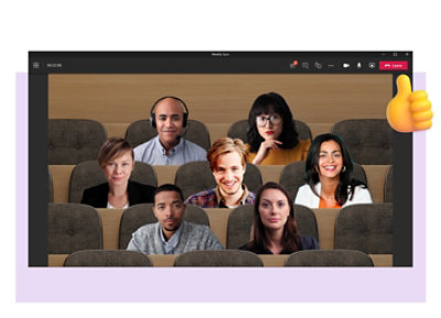 A Teams meeting in Together mode simulating the participants sitting in a lecture hall-style room.