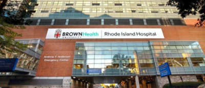 A close-up of a building with visible text reading BROWNHealth Rhode Island Hospital.