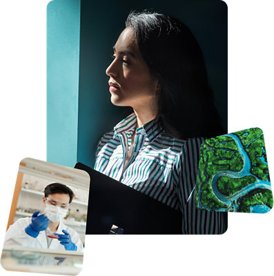 Professionnel de santé vidant le contenu d’une seringue dans un récipient, personne tenant un appareil Surface et regardant par une fenêtre, et vue aérienne d’une rivière serpentant dans la jungle.