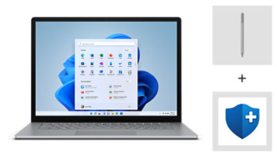 A Surface laptop 4 in Ice Blue with a pen and Microsoft Complete.