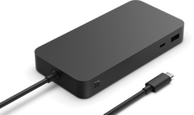 A close-up view of the front-facing ports and charging cable on a Surface Thunderbolt 4 Dock.