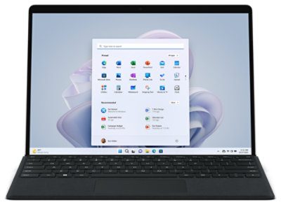 A platinum Surface Pro 9 with black keyboard.