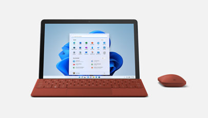 Surface Go 3 vist med Surface Type Cover og Surface Mouse.