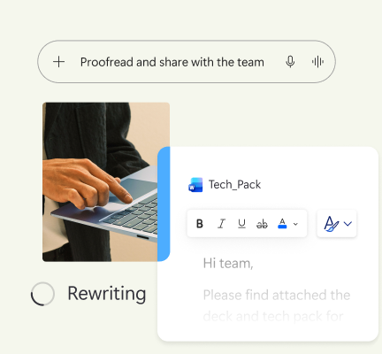 Person using Copilot with a chat interface open, showing tools for research, writing, and data analysis alongside a prompt card displaying a sample AI response.
