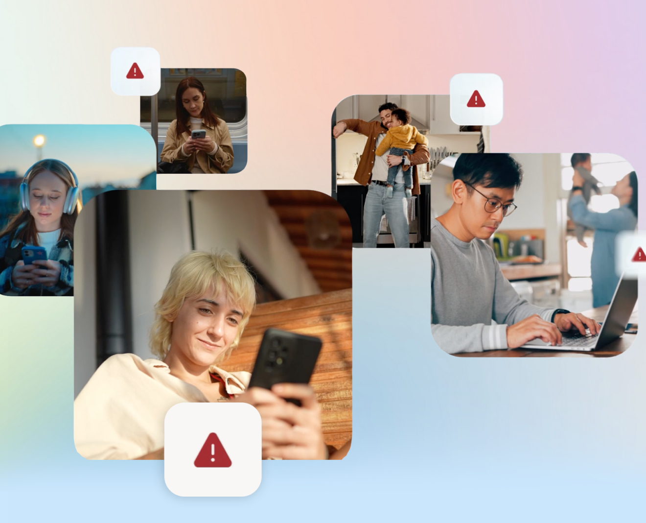People using phones and laptops with security warning icons, illustrating device protection.