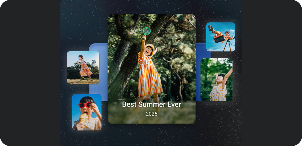 Collage of joyful children outdoors in summer. In the centre there is a smiling girl with a magnifying glass under trees, with the text ‘Best Summer Ever 2025.’
