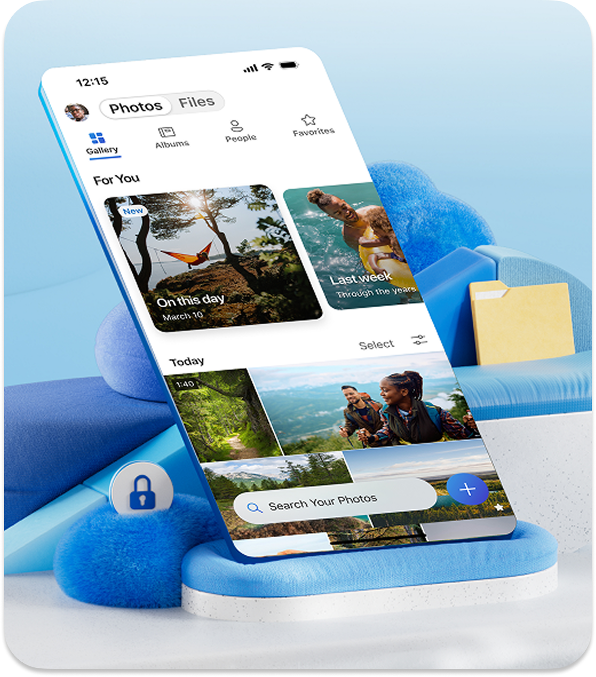 A smartphone displaying a OneDrive photo gallery floats among abstract shapes, representing photos and files stored, organised, and accessible across devices.