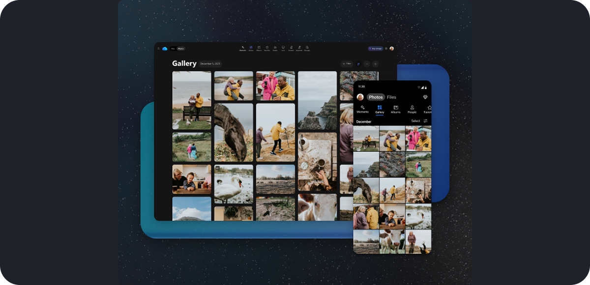 Overlapping OneDrive interfaces showing photo libraries stored and organised across devices in the cloud.