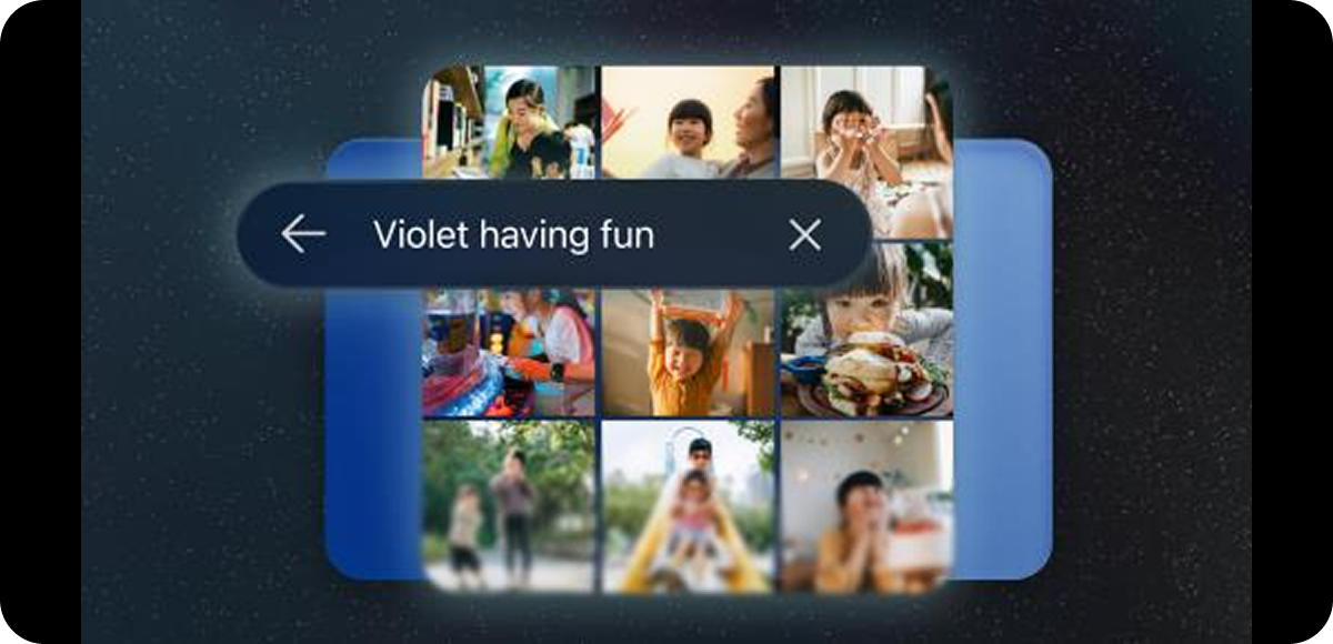 Stacked photo cards showing saved images, with a lock icon indicating secure cloud storage.