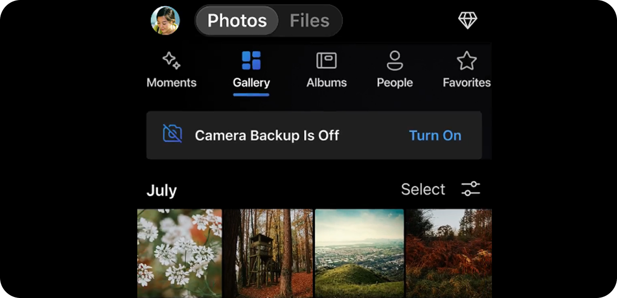 Stacked photo cards showing saved images, with a lock icon indicating secure cloud storage.