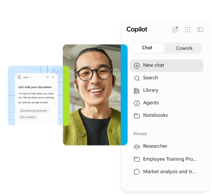 Copilot interface showing Chat and Cowork navigation beside a person and a chat prompt card.