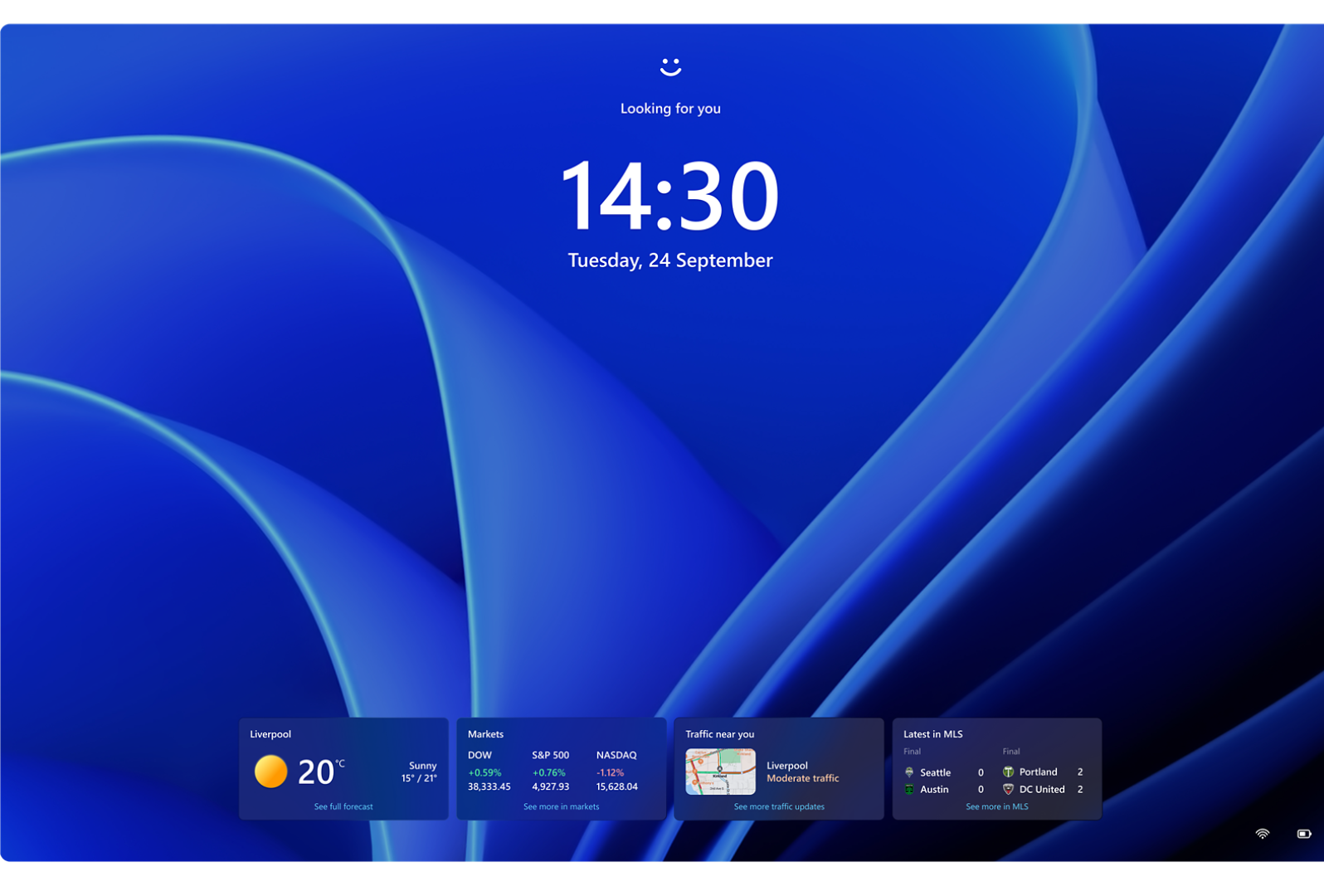 Windows 11 Pro lock screen showing time, date and personalised widgets