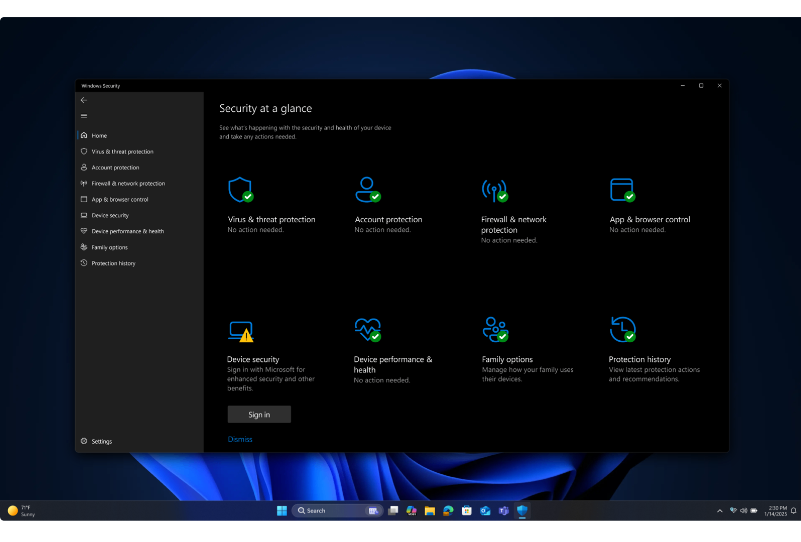 Windows 11 Pro security at a glance dashboard