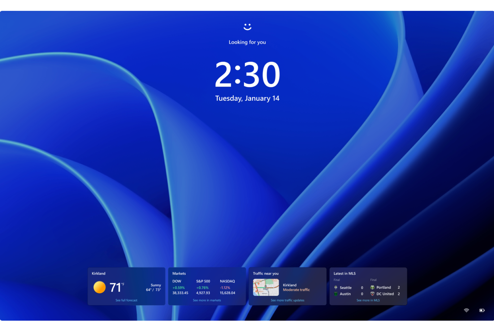 Windows 11 Pro lock screen showing time, date, and personalized widgets