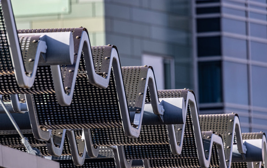 Architectural shapes, textures and patterns in a light rail platform canopy.