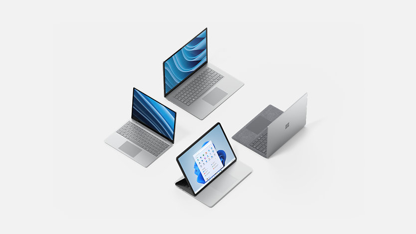 Ansicht mehrerer Surface Geräte aus unterschiedlichen Winkeln. 