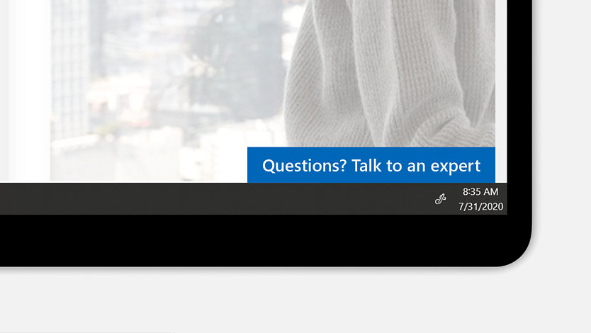 En skærm, der viser "Spørgsmål? Tal med en ekspert".