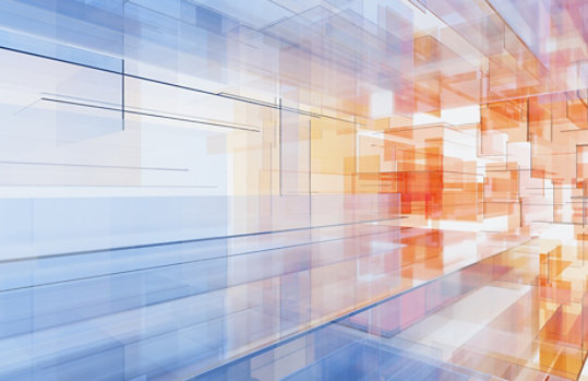 Abstract geometric background with overlapping translucent rectangles in blue, orange, and white tones, creating depth and perspective.