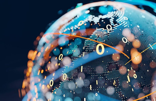Digital globe with binary code and data points, featuring colorful lines and dots representing global data connectivity on a dark background.