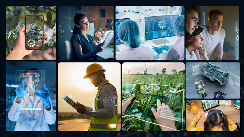 Collage of people working and using technology.