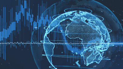 Digital globe with blue data visualizations and financial chart patterns representing global technology, connectivity, and analytics.