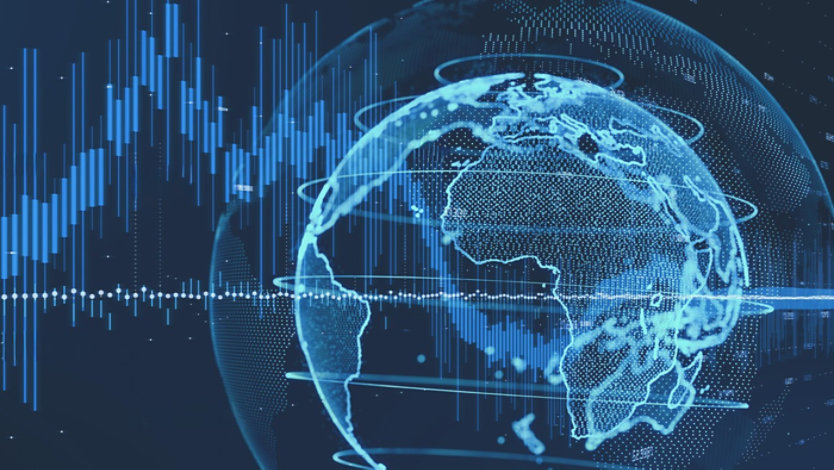 Digital globe with blue data visualizations and financial chart patterns representing global technology, connectivity, and analytics.